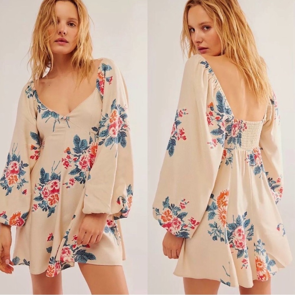 Free People Cream Floral Long Sleeve Dress